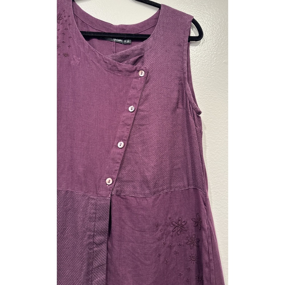 Gudrun Sjoden Purple Linen Midi Dress Button Up Embroidered Sleeveless Cottage M - Picture 4 of 9